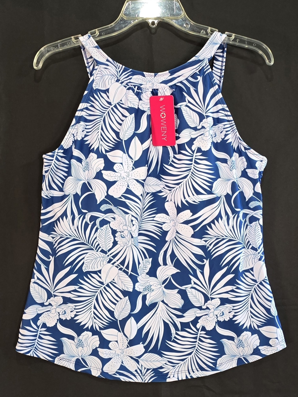 WOWENY Blue White Tropical Floral Halter Tankini Swim Top Size Large NWT